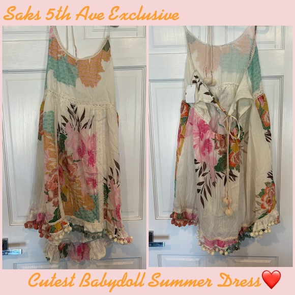 Saks Fifth Avenue Dresses & Skirts - Floral Boho Summer Dress with Pom Poms-NWT